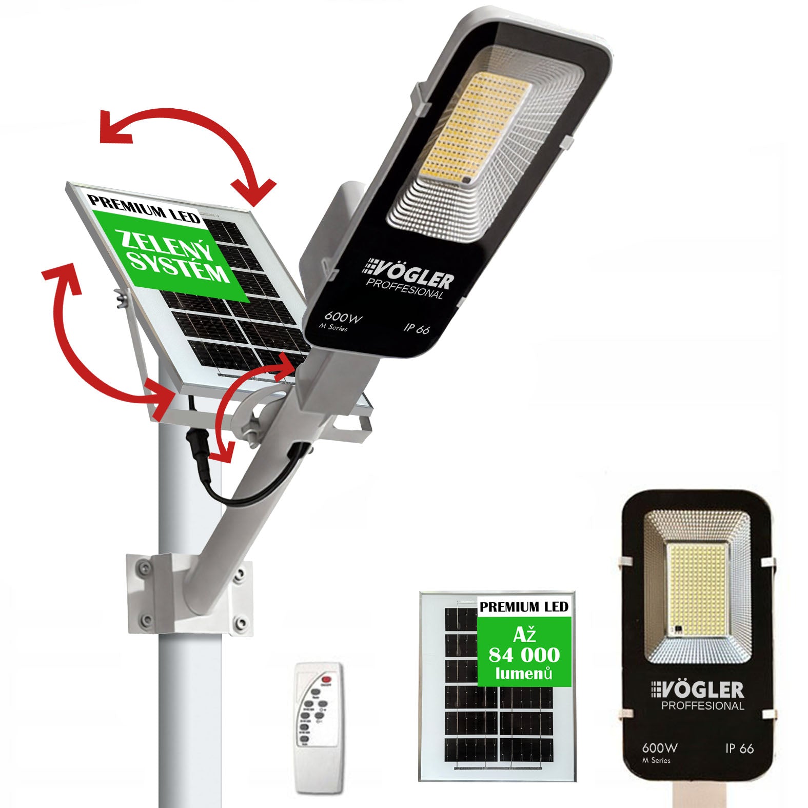 Výkonná solární lampa, soumrakový senzor, dálkové ovládání, Vögler Professional 600W