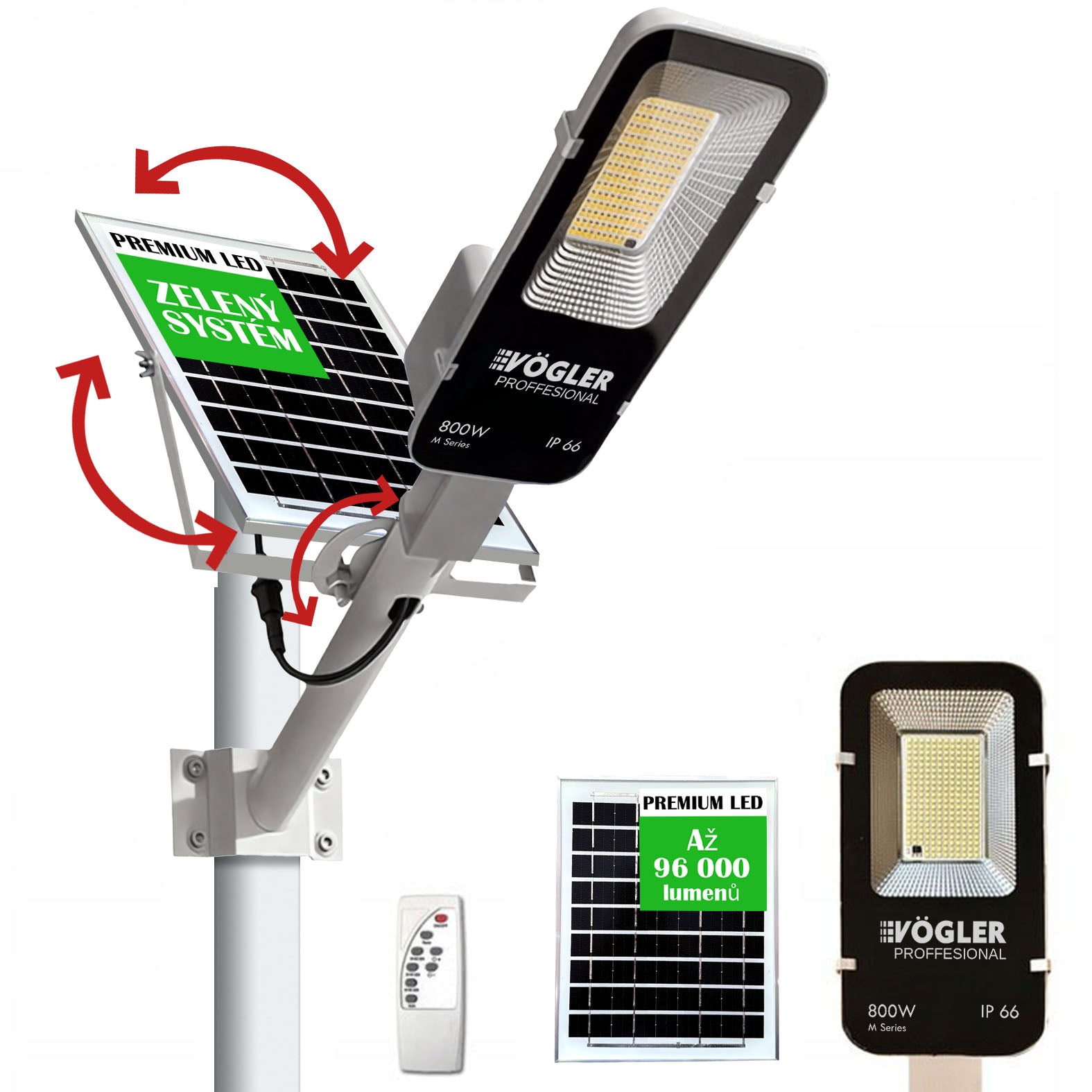 Výkonná solární lampa, soumrakový senzor, dálkové ovládání, Vögler Professional 800W