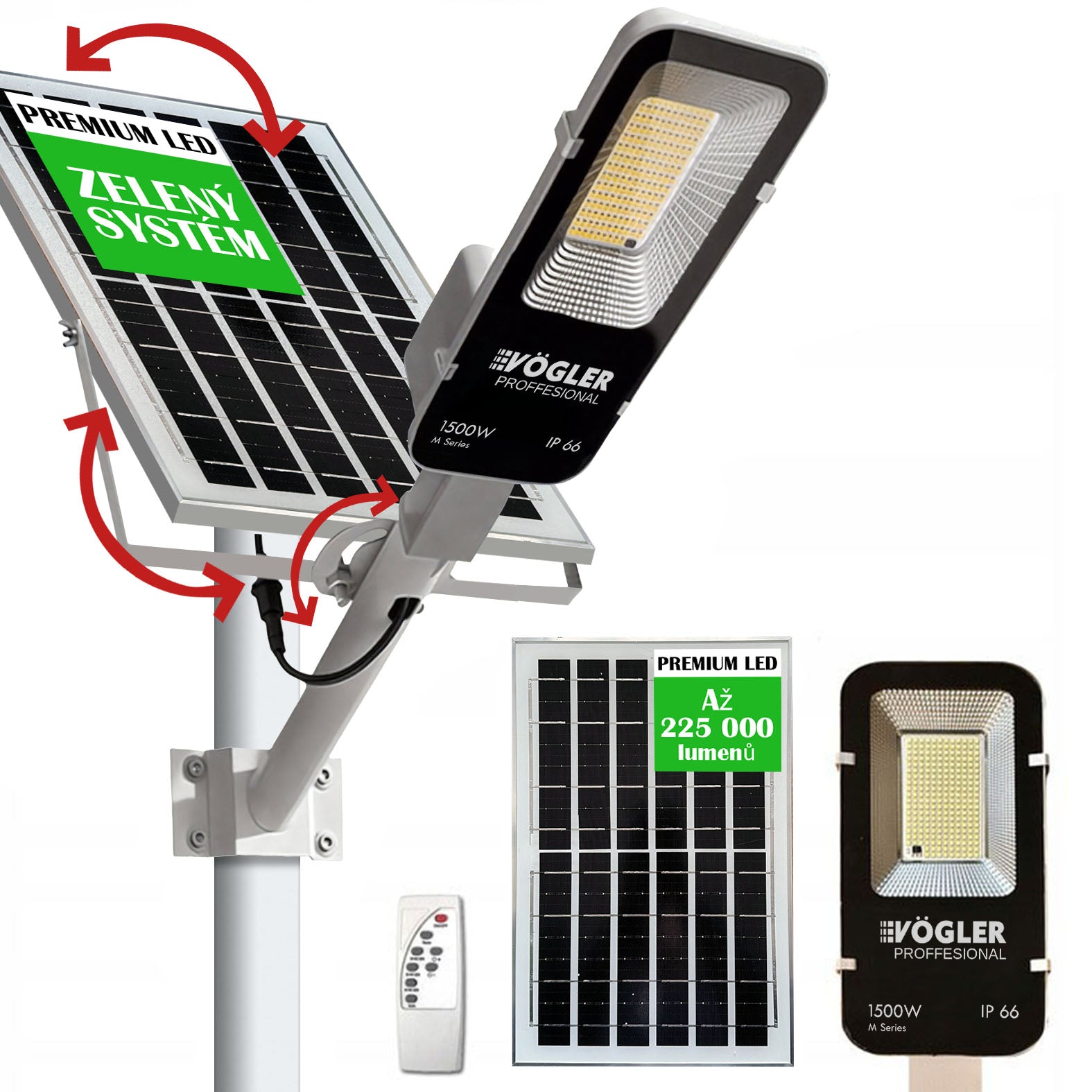 Výkonná solární lampa, soumrakový senzor, dálkové ovládání, Vögler Professional 1500W