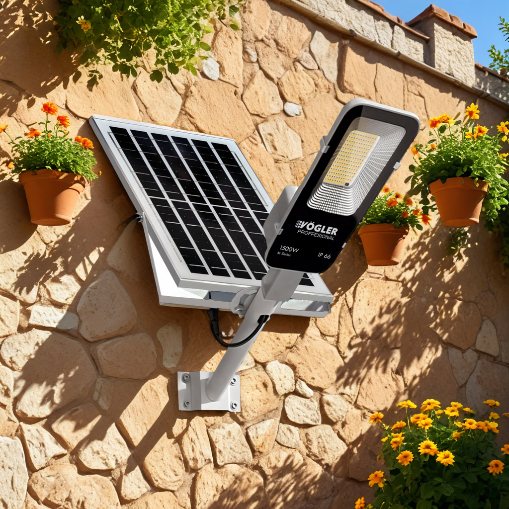 Výkonná solární lampa, soumrakový senzor, dálkové ovládání, Vögler Professional 1500W